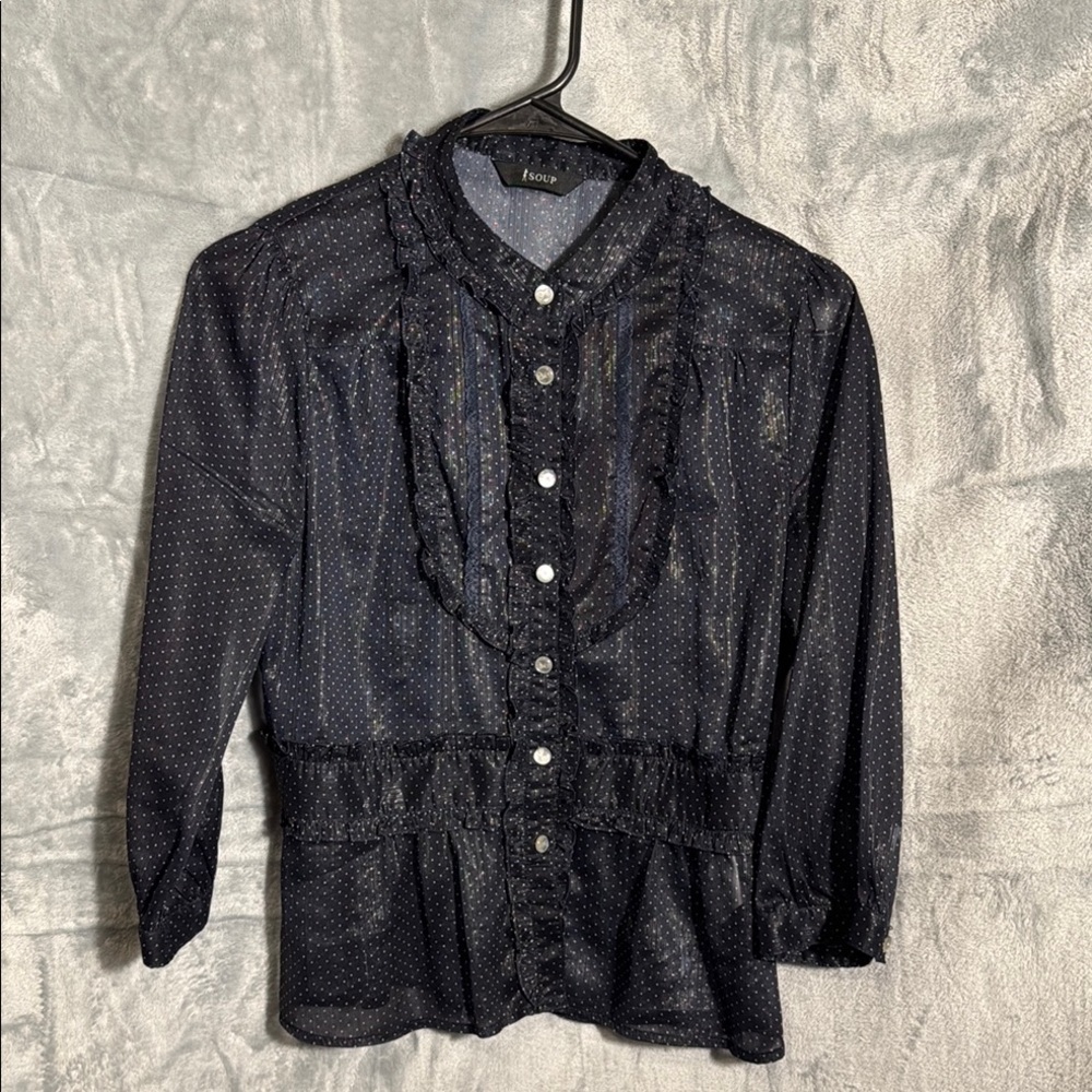 Soup Blue Polka Dot Blouse size s/m  3/4 sleeves  ruffles many‎ style details